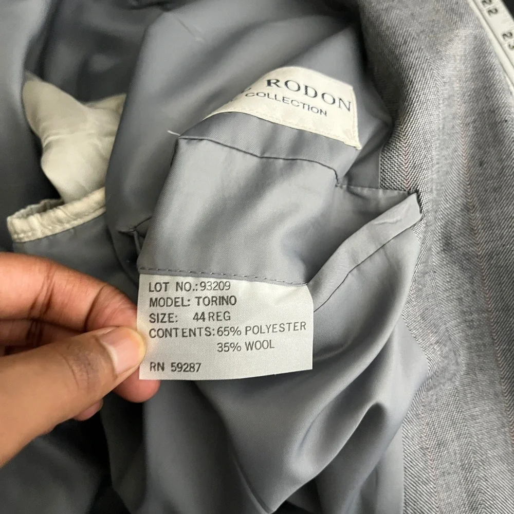 Paul Rodon Suit Mens 44R W36 Gray Herringbone Pinstripe Double Breasted Vintage
